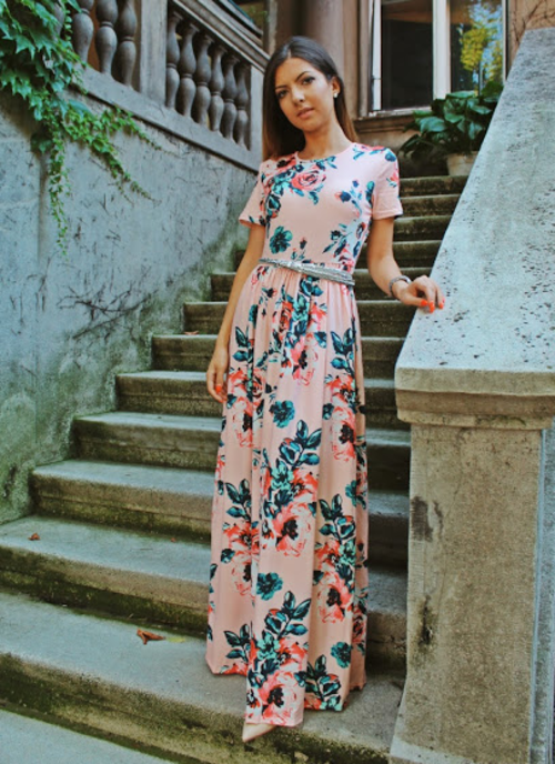 Pocket Design Short Sleeve Pink Floral Maxi Dress