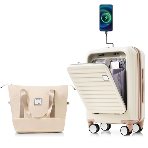 Front Opening 20-Inch Carry-On Luggage with Expandable Travel Bag Set,