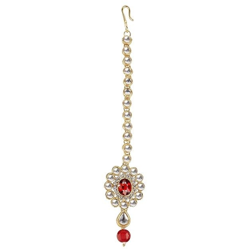 Gold Plated Kundan & Stone Studded Maang Tikka for Women Red