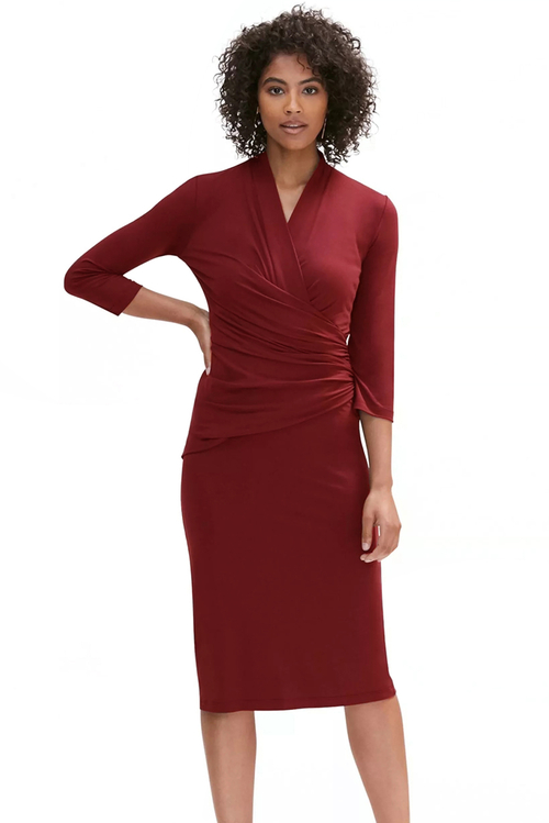 Dark Red Long Sleeve Pleated Wrap Midi Dress