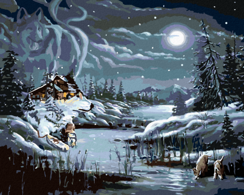 Zuty - Paint by Numbers - FULL MOON, HUT AND WOLF IN WINTER (D. RUSTY