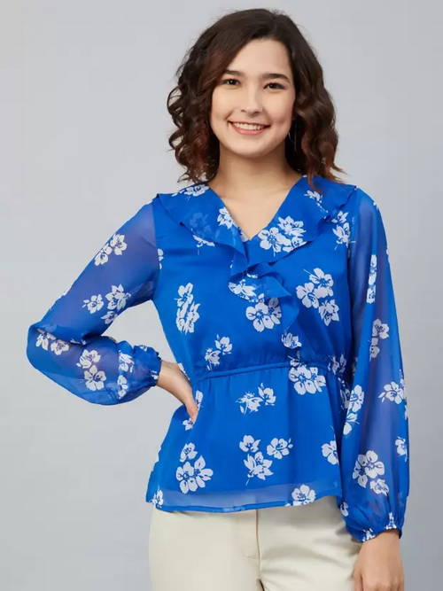 Casual Regular Sleeves Printed Women Blue Top (Size XL)