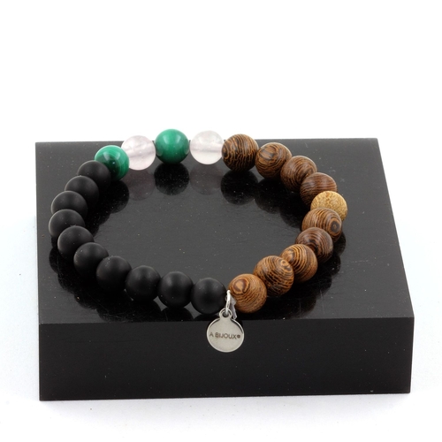 Malachite + rose Quartz + Matte Black Onyx + Wood Bracelet