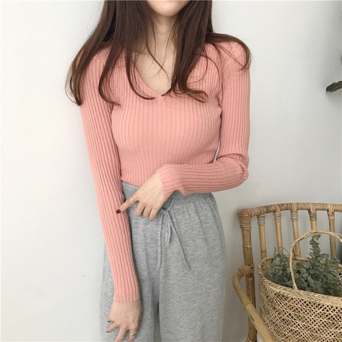 Winter Knitted Women V Neck Solid Sweet Standard