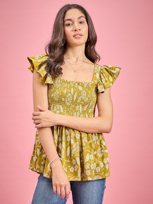 Women Frill Sleeves Smocked Casual Top (Color Mustard) (Size M)