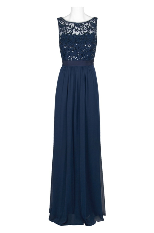 Adrianna Papell Boat Neck Sleeveless Illusion Embellished Embroidered