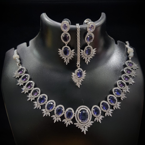 Purple Stone Women Necklace Set With Long Maang Tika & Two Drop