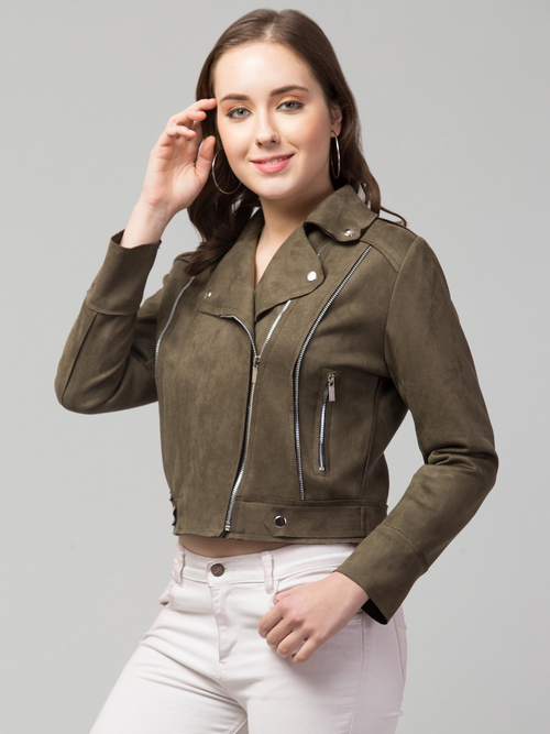 Women Classic Zipper Suede Biker Jacket (Color Olive) (Size L)