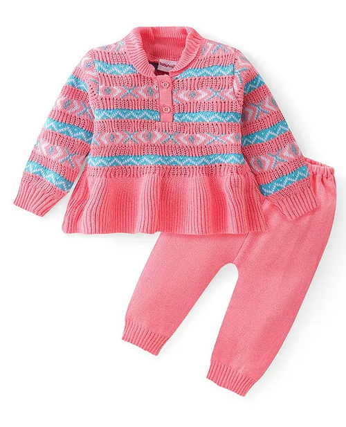 Knit Full Sleeves All Over Design Sweater & Pant Set - Pink