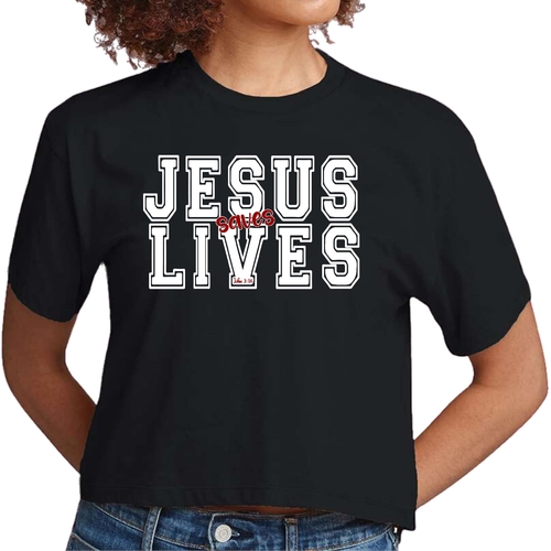 Womens Cropped Graphic T-shirt - Jesus Saves Lives White Red