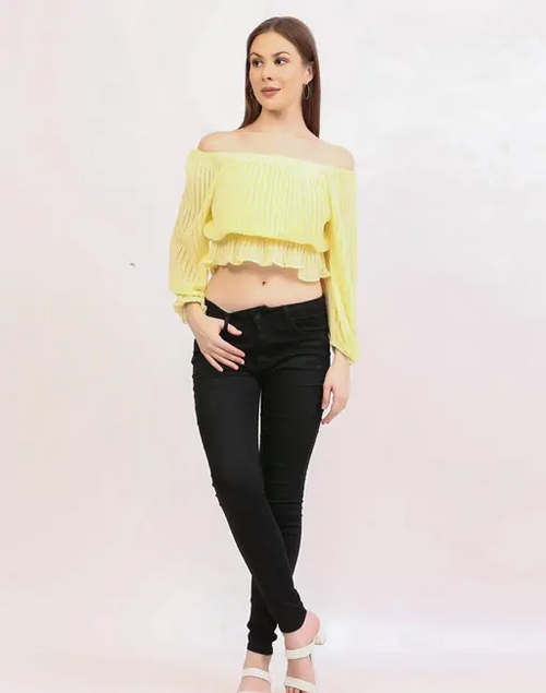 Casual Puff Sleeves Solid Women Lemon Yellow Top
