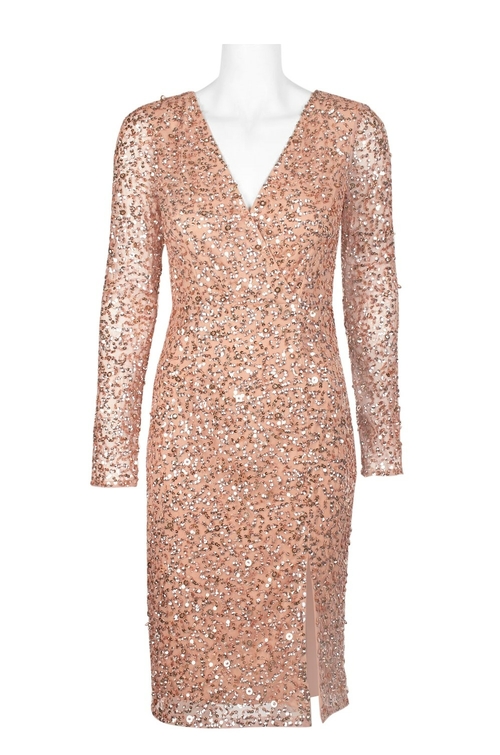 Adrianna Papell V-Neck Long Sleeve Slit Front Zipper Back Sequin Mesh