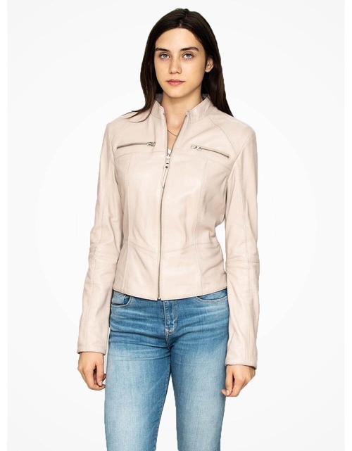 Main Off White Leather Biker Jacket For Women image