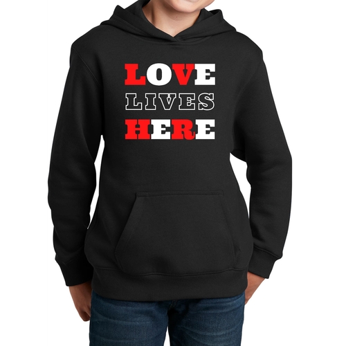 Youth Long Sleeve Hoodie Love Lives Here Christian Inspiration