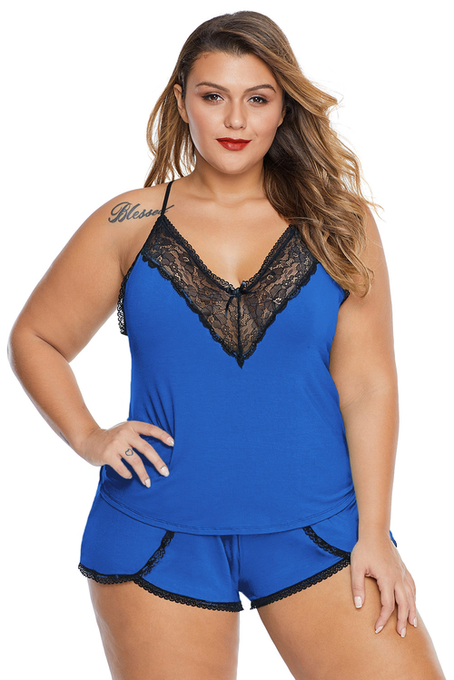 Blue Plus Size Pajamas Cami Shorts Set