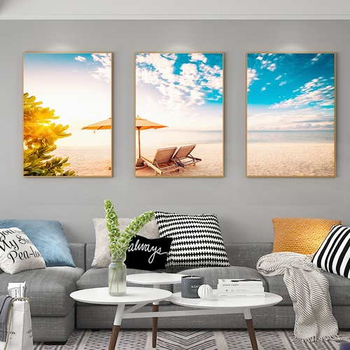 3 Pieces Canvas Painting Blue Beach Sun Canvas