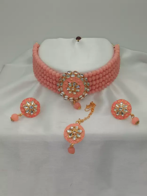 Alloy Gold-plated Artificial Necklace, Earring & Maang Tikka Set PEACH