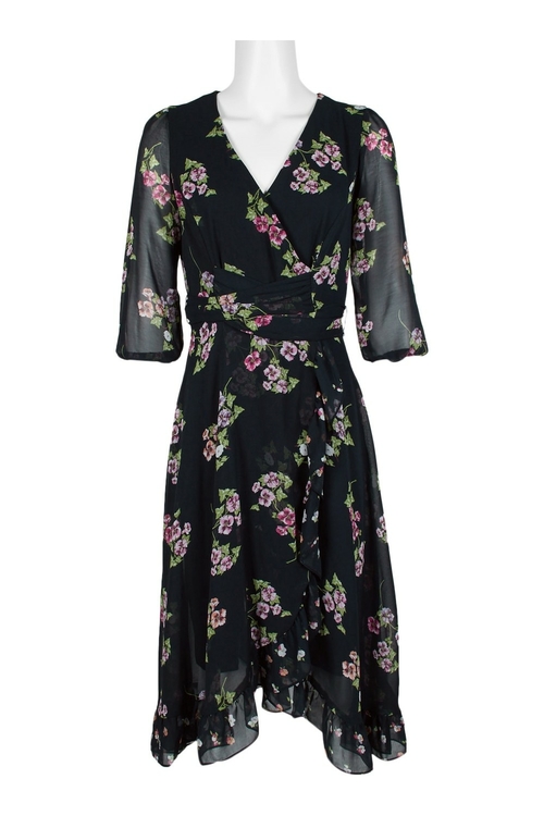 Taylor V-Neck 3/4 Sleeve Tie Waist Zipper Back Floral Print Chiffon