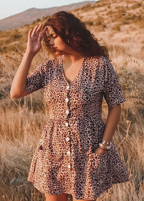 Leopard Print V Neck Button Half Sleeves Swing Dress