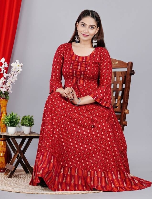 Women Printed Viscose Rayon Gown Flared Kurta SIZE-M COLOR-RED