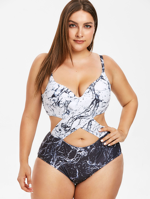  Plus Size Marble Print Monokini Sexy One