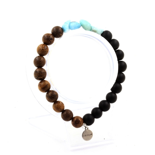 Larimar + matte black Onyx + wood Bracelet 8 mm Beads.