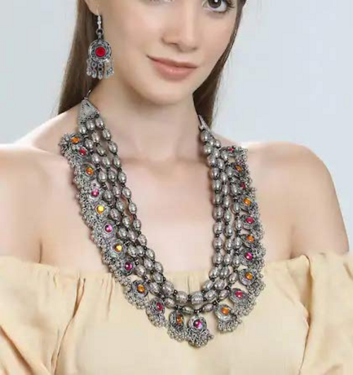 Fancy Oxidised Silver Tribal Necklace Jewellery Set for Women