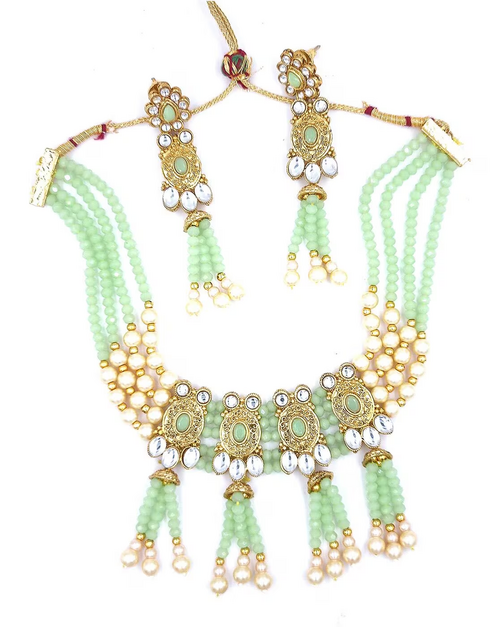 Gold-Plated Stone-Studded Necklace & Down Earrings Set (Color-SEA