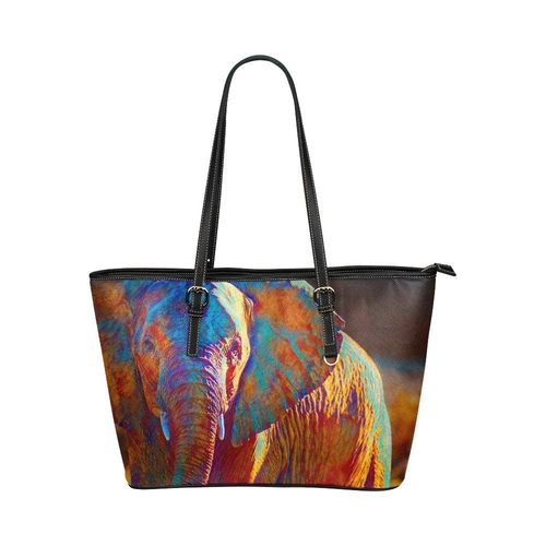 Large Leather Tote Shoulder Bag - Elephant Multicolor Illustration