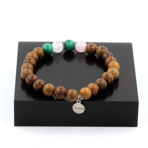 Malachite from Congo + Pink Quartz + wood Bracelet 8 mm Beads.