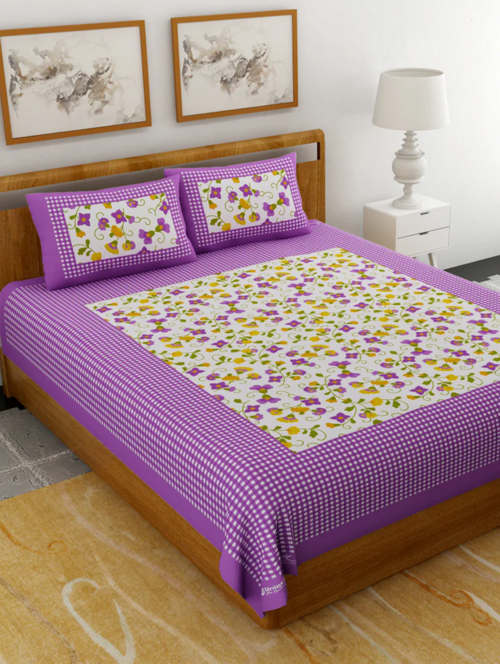 Purple  Color 100% Cotton Traditonal Double Bedsheet With 2 Pillow