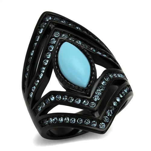 Women IP Black Stainless Steel Ring with Synthetic in Sea Blue - Size 