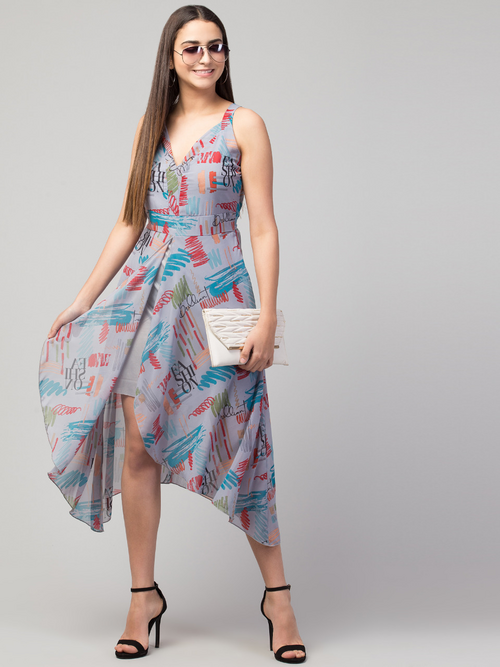Printed Sleeveless Georgette Front Slit knee length Dress-GREY