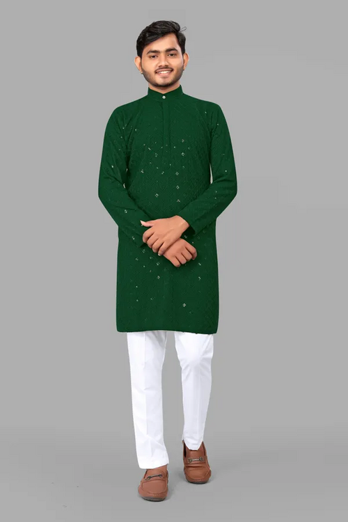 Rayon Lakhnavi Kurta Pyjama For Men (Size-40) (Color-GREEN)