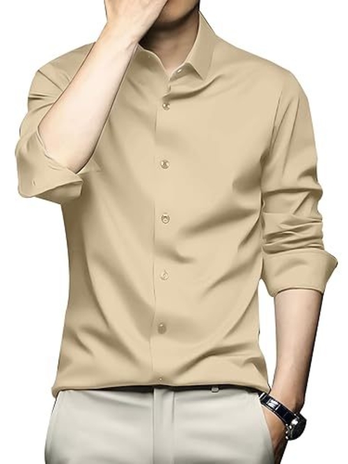 Men Regular Fit Full Sleeve Satin Silk Shirt (Size-XL) (Color-BEIGE)