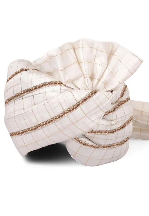 Men's Printed Silk Woven Turban/Pagri  (Color-GOLDEN&WHITE)