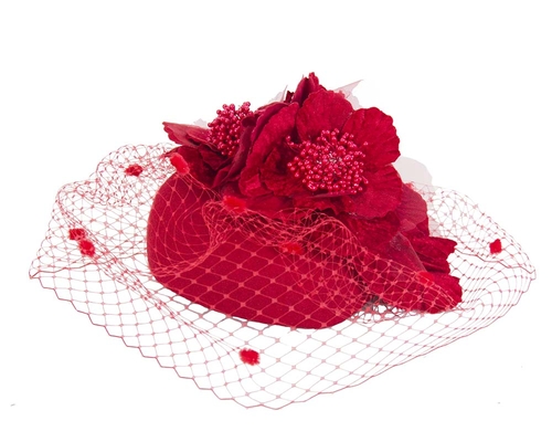 Red winter racing felt pillbox with flower and veiling