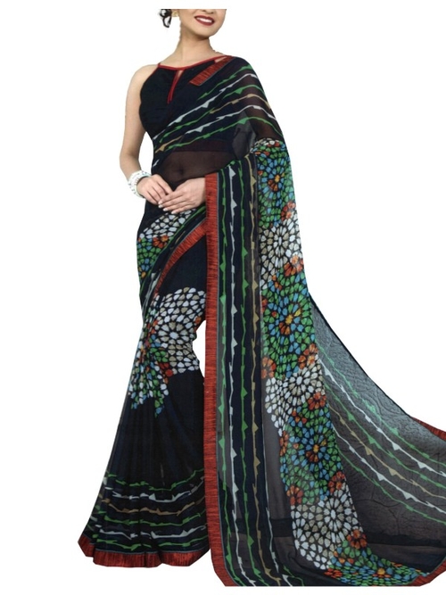 Chiffon Digital Color Printed Saree-Black with