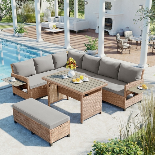 5-Piece Outdoor Patio Rattan Sofa Set, Sectional PE Wicker L-Shaped