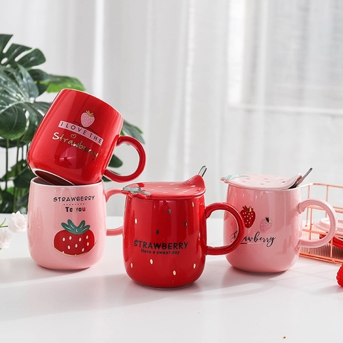 Korean Pink Strawberry Ceramic Mug Cute Cartoon