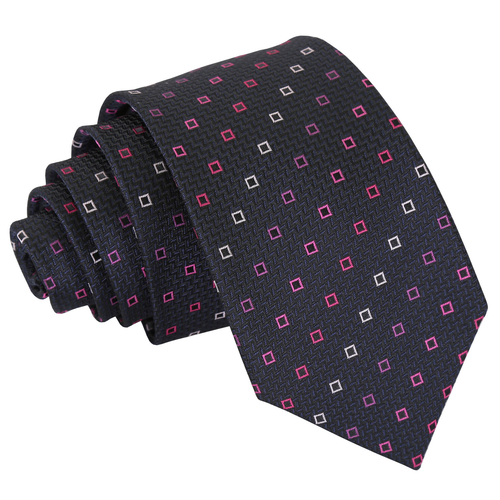 Mini Diamond Geometric Slim Tie - Black with Pink and Silver