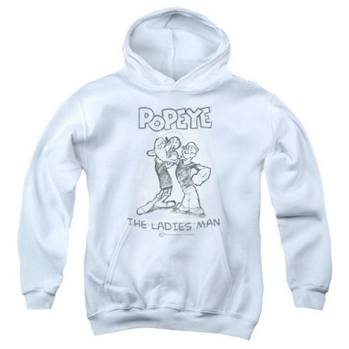 Trevco Popeye-Ladies Man Youth Pull-Over Hoodie, White - XL