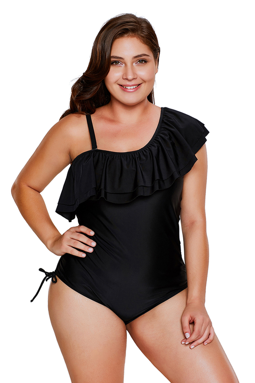 Black Spaghetti Strap One Shoulder Frill Teddy Swimsuit