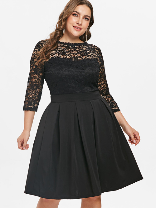  Women Plus Size 5XL Round Neck Lace Panel A