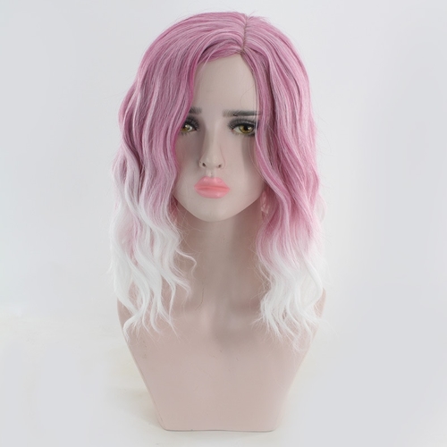 Medium Long Wavy Pink White Ombre Wig Synthetic