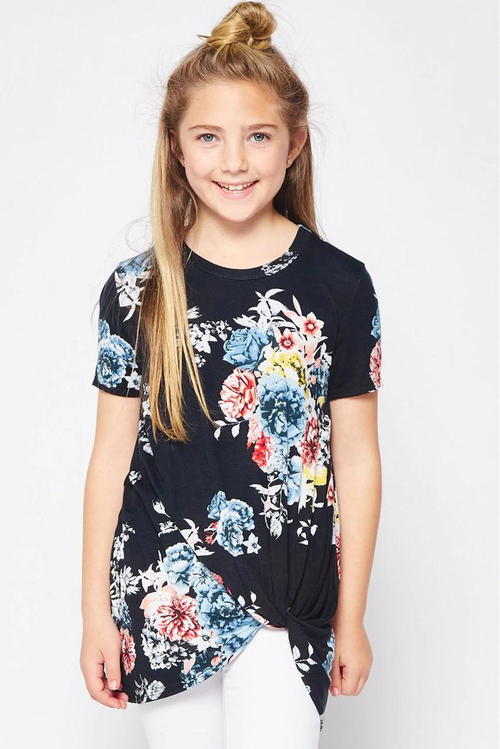 Black Printed Twist Girls Tee