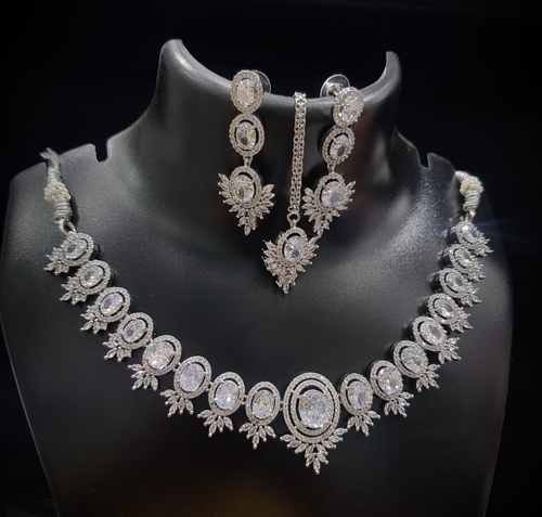 Silver Stone Women Necklace Set With Long Maang Tika & Two Drop