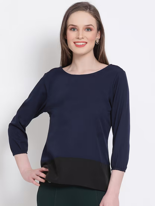 Women'S Simple Straight Round Neck Top (Size-S) (Color-Navy Blue )
