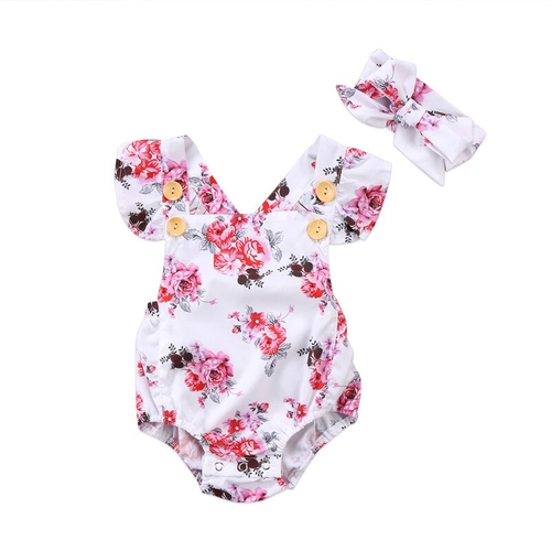 White Floral Romper headband Baby Girls Cute