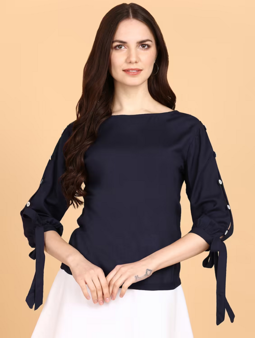 Women Lace Design Solids Regular Top (Size-L) (Color-Navy Blue )